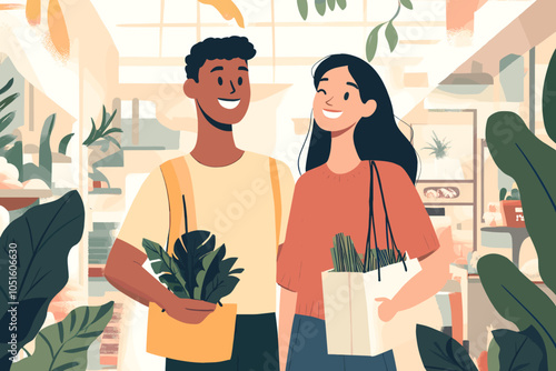 Happy customers shopping for plants and gifts in a cozy retail store, perfect for Black Friday promotions