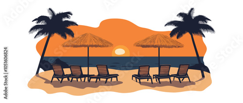 Exotic Beach Destination with Sunset, Palms, and Loungers - Travel Vector Art