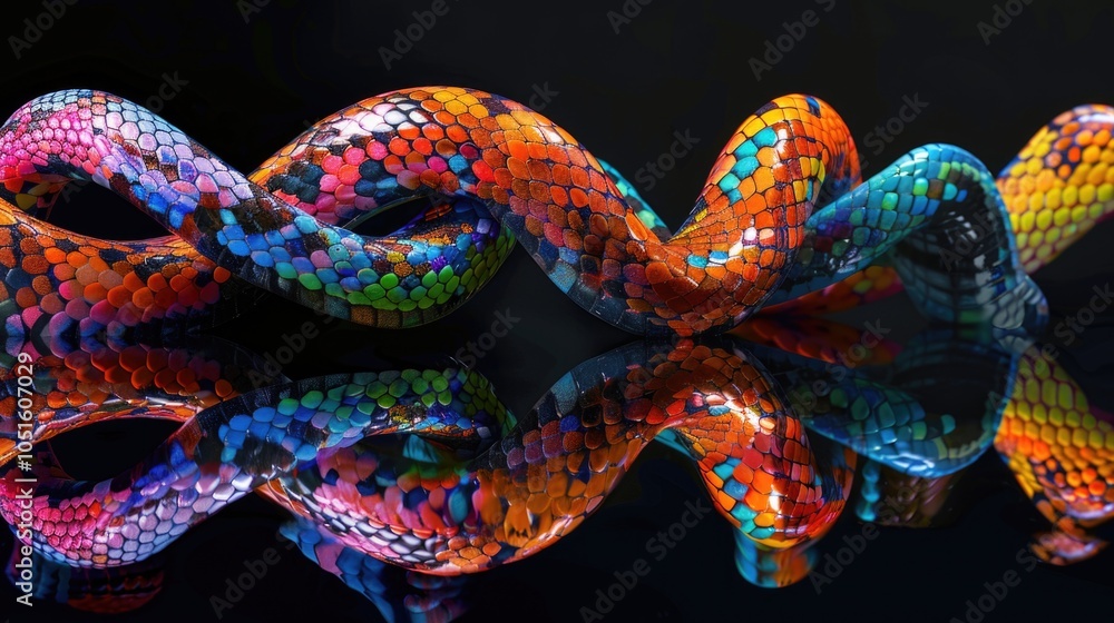 A colorful snake lies on a shiny surface A colorful snake lies on a shiny surface