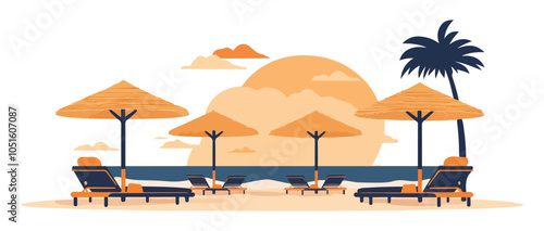 Tropical Travel Escape - Sunset Beach Scene with Palms, Loungers, and Ocean View