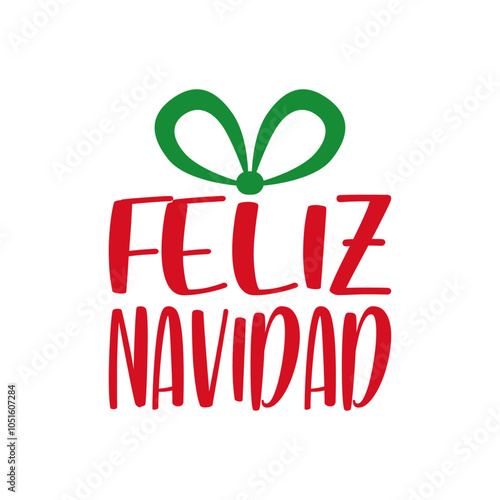 Tiempo de Navidad. Logo con mensaje en texto manuscrito Feliz Navidad en español con forma de caja de regalo con lazo de cinta