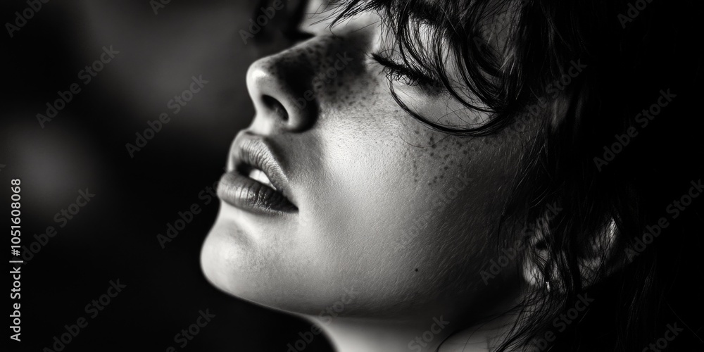 A black and white photograph of a woman relaxing, eyes closed A black and white photograph of a woman relaxing, eyes closed