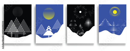 Modern poster with pine trees cover with snow useful for Christmas and New year 2025 cards. Moon, sun, pine tress design elements . Moonlight, snow  hill and pine trees wood in winter. Vector design.