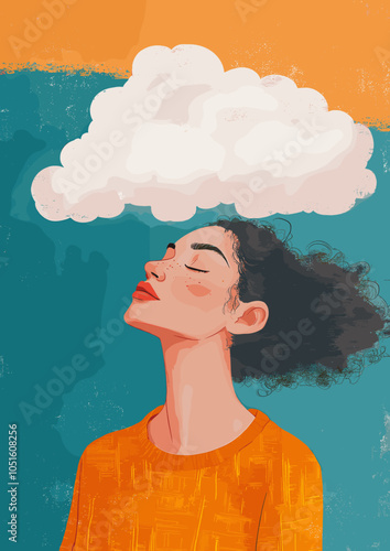Creative woman contemplating with an artistic cloud above her head, showcasing emotions and thoughts in vibrant colors