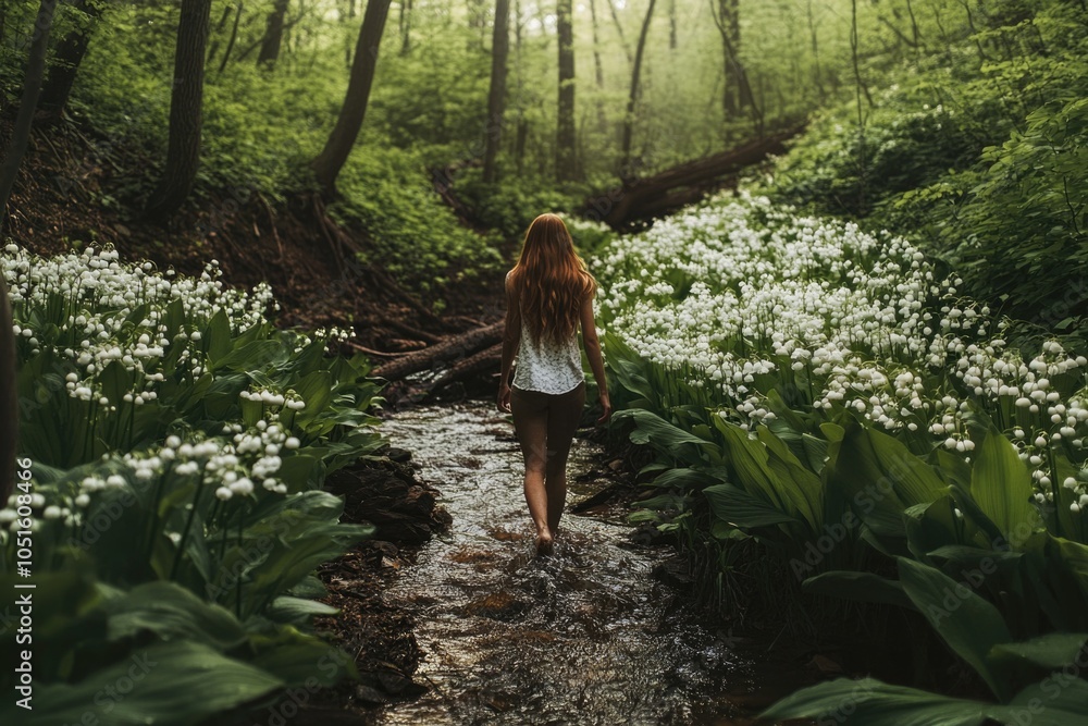 A woman walks alone in a forest filled with white flowers, suitable for use in editorial or commercial contexts A woman walks alone in a forest filled with white flowers, suitable for use in editorial or commercial contexts