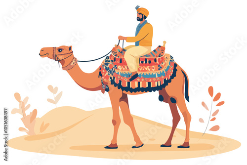 Flat Style Illustration of a Rajasthani Camel Rider in the Indian Desert