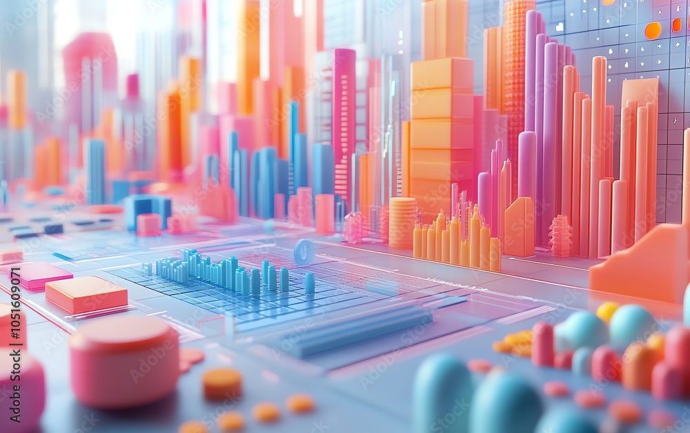 Obraz premium Creative 3D rendering of data visualization showcasing a variety of graphs and charts, designed to effectively communicate analytical data