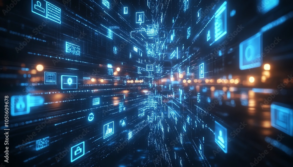 Dynamic 3D rendering of a dark background with space for advertising text, highlighted by digital blue user icons and interconnecting lines Dynamic 3D rendering of a dark background with space for advertising text, highlighted by digital blue user icons and interconnecting lines