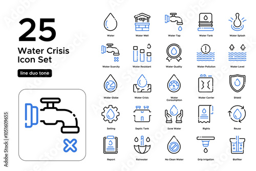 Water Crisis Line Duo Tone Icon Set: Essential Water, Drought Challenges, and Awareness Icons
