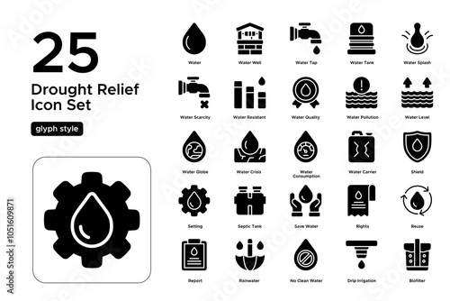 Drought Relief Glyph Icon Set: Water Crisis, Relief Programs, and Community Support Icons