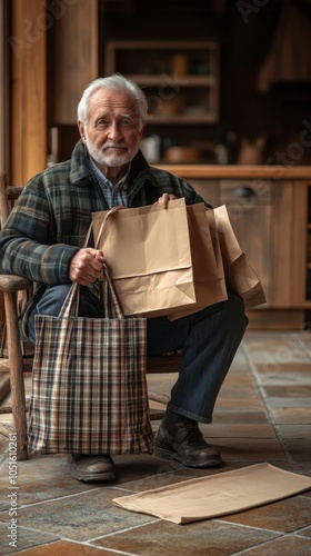 Elderly man with shopping bags.