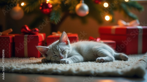 Cute kitten leeping on the rug by the Christmas tree and gifts. Overexposure of pets for the holidays , veterinary clinic concept. photo