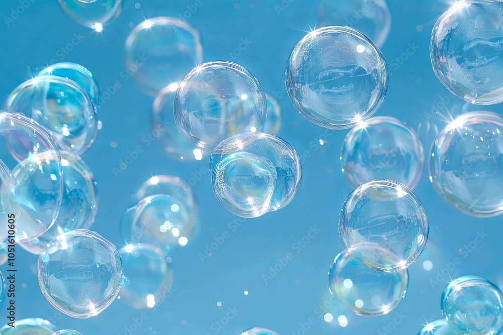Sparkling transparent bubbles floating in a clear blue sky. Concept of blue Monday