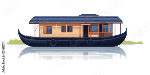 Scenic Indian Houseboat in Kerala Backwaters - Vector Art for Tourist Destinations