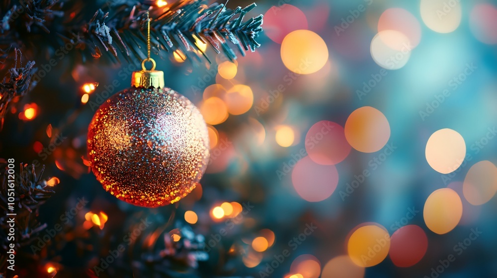 A gold and silver Christmas ornament hangs from a tree branch