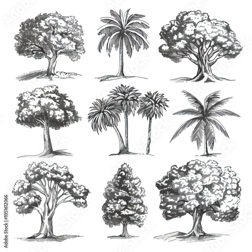  Set of hand drawn tree sketches - oak, palm tree, willow, pine, cypress, baobab, birtch maple spruce