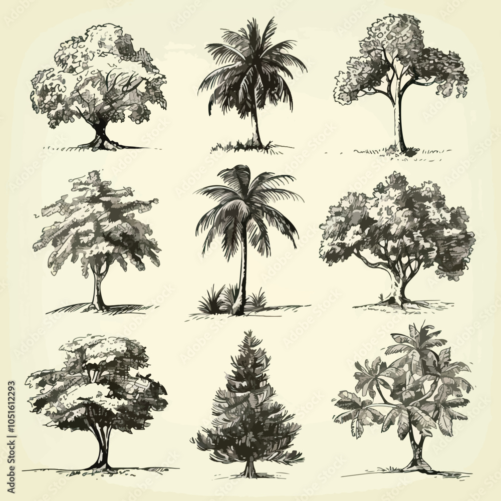 Fototapeta premium Set of hand drawn tree sketches - oak, palm tree, willow, pine, cypress, baobab, birtch maple spruce