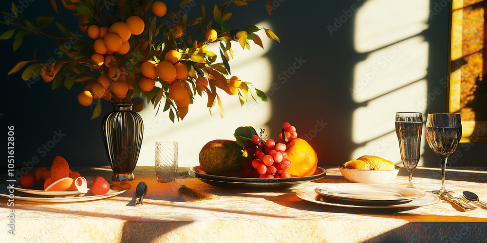Thanksgiving Meal in Retro Style: Antique table and dramatic shadows in luxurious detail Thanksgiving Meal in Retro Style: Antique table and dramatic shadows in luxurious detail