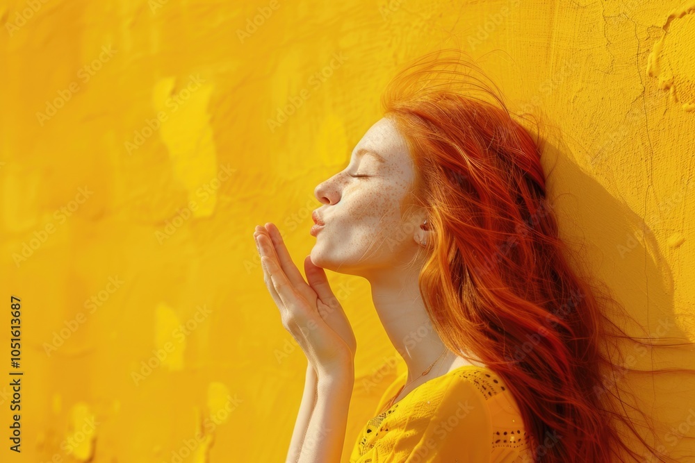 Obraz premium A woman with distinctive long red hair stands in front of a bright yellow wall, conveying a sense of vibrancy and energy