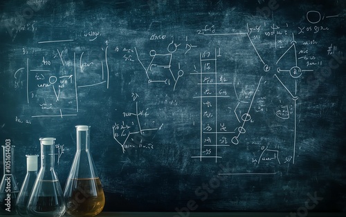 Detailed image of a blackboard background showcasing chalkwritten chemical equations and laboratory flasks, highlighting education in the exact sciences photo