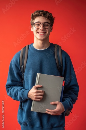 A young man with glasses holds a book, great for academic or literary themed illustrations