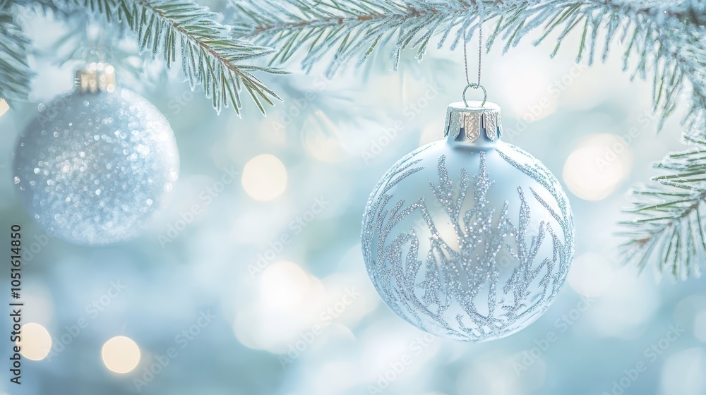 Shimmering silver ornaments adorn a festive christmas tree, radiating holiday cheer Shimmering silver ornaments adorn a festive christmas tree, radiating holiday cheer