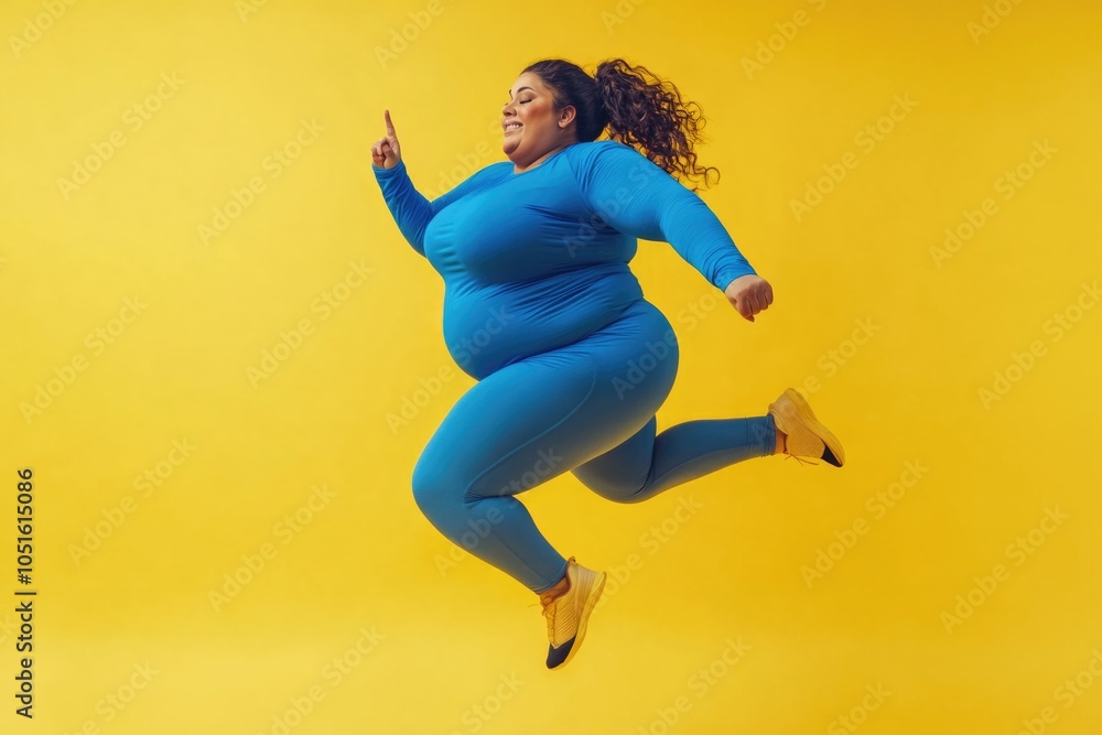 Fototapeta premium A woman leaps into the air wearing a blue garment, conveying energy and movement