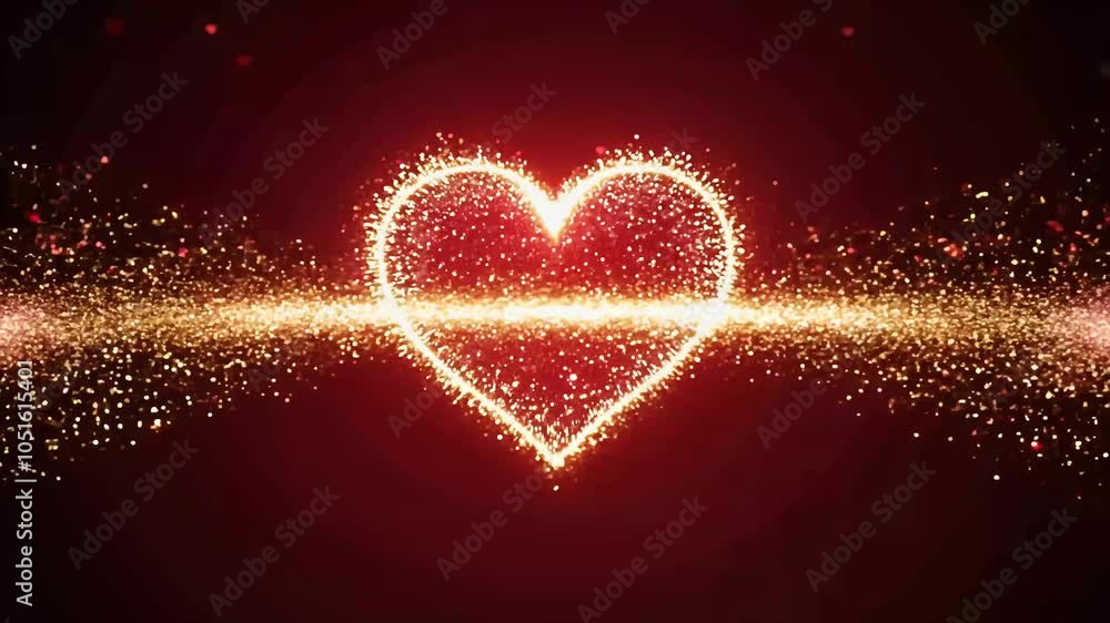 A stunning Valentine's Day background featuring artshaped line made glowing red gold particles beautiful 4K resolution glittering effect particle valentine nubes romantic dding love light