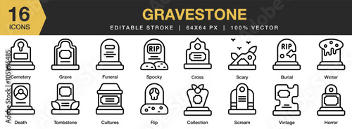 Gravestone icon set. Editable Stroke Icon Collection. Includes burial, cemetary, collection, cross, death, funeral, grave, and More. Outline icons vector collection.