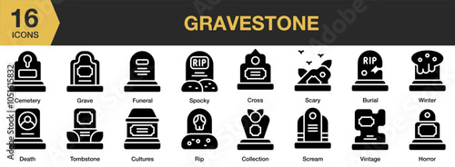 Gravestone solid icon set. Includes winter, vintage, tombstone, spooky, scream, and More. Solid icons vector collection.