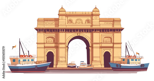 Gateway of India and Boats in Mumbai Harbor - Historic Iconic Monument Vector Art
