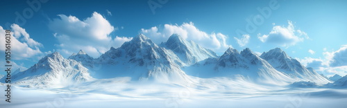 A magnificent mountain range covered with snow. A panorama of alpine areas. A tranquil winter natural landscape with nobody.
