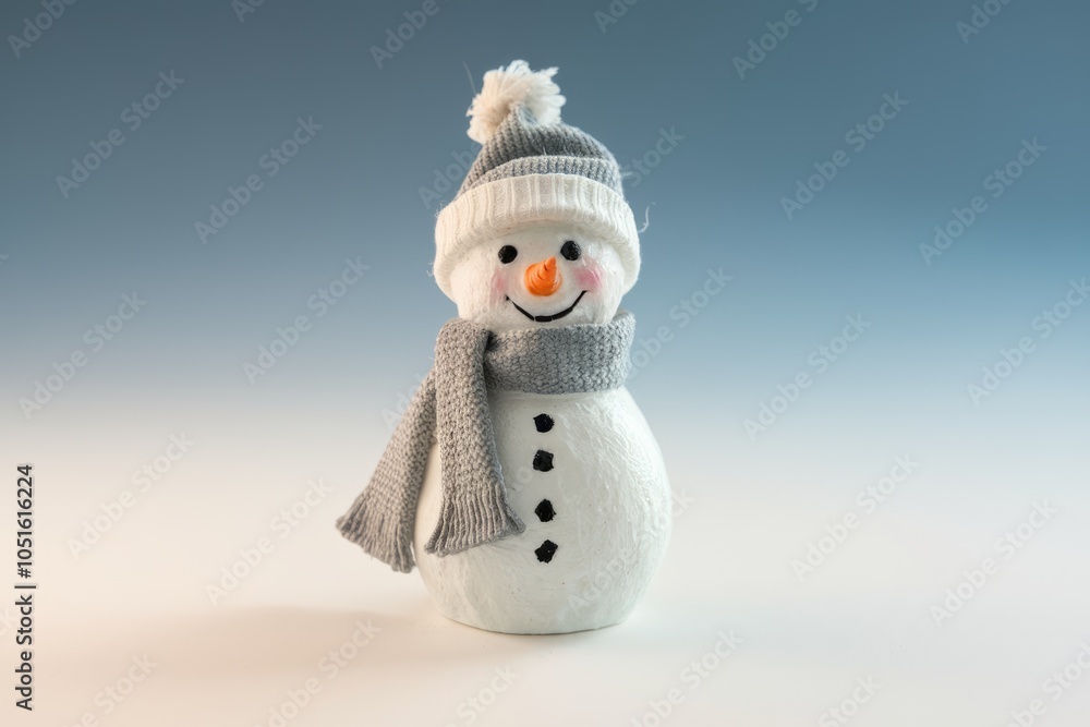 Obraz premium A smiling snowman wearing a gray hat and scarf