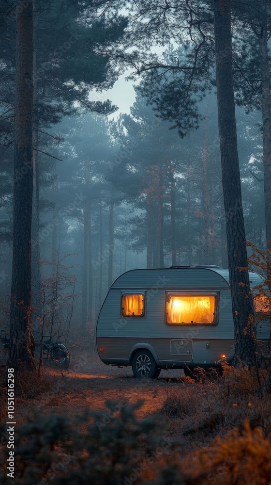 A cozy camper in a foggy forest. A cozy camper in a foggy forest.