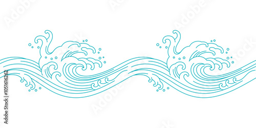 oriental ocean sea waves line art seamless pattern