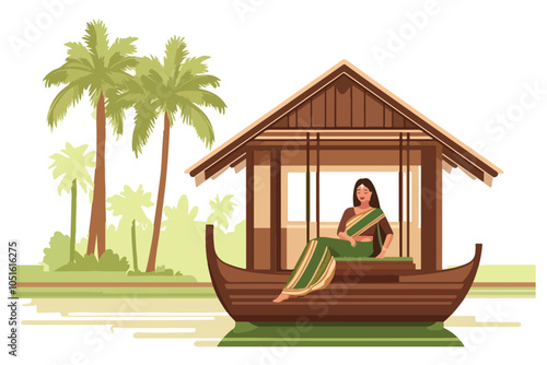 Indian Woman in Kerala Houseboat on Serene Backwaters - Vector Art photo