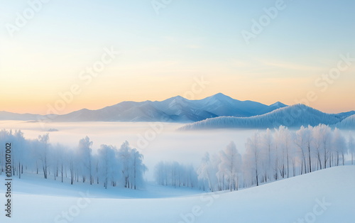 A winter forest and mountain landscape covered with white snow. A red sunrise or sunset sky over the mountains beyond the foggy valley. Aerial view. Nobody. Winter, seoson, nature, scenery.