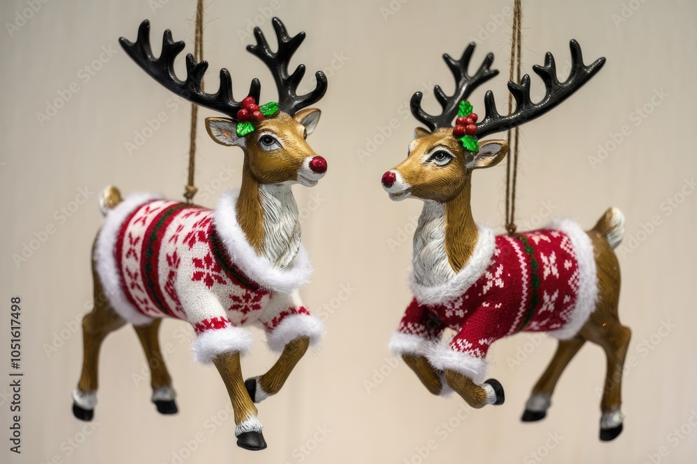 Fototapeta premium Two reindeer ornaments wearing red and white knitted sweaters.