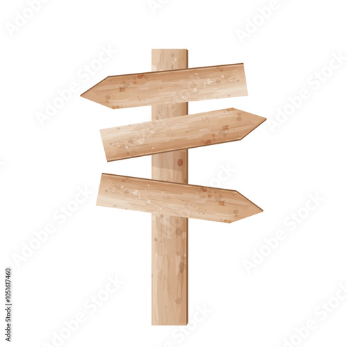 Wooden pole direction sign for travel. Vector watercolor illustration of signpost. Copy space.