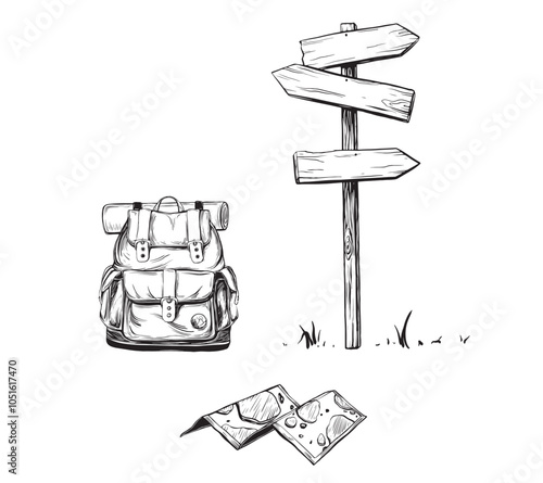 Hand drawn retro paper Hikers map for exploring, landscape with camp. Signpost wooden and Backpack sketch for adventure or tourism trip on isolated background. Vector ink illustration wood pointer way