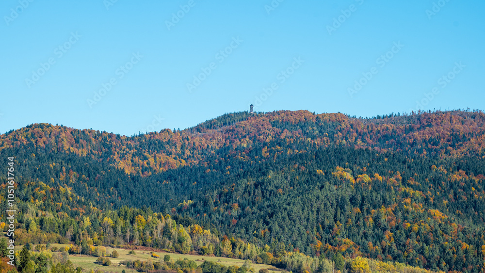 Gorce mountain range. Mountains in autumn. Wooden observation tower on Mount Lubań. Poland