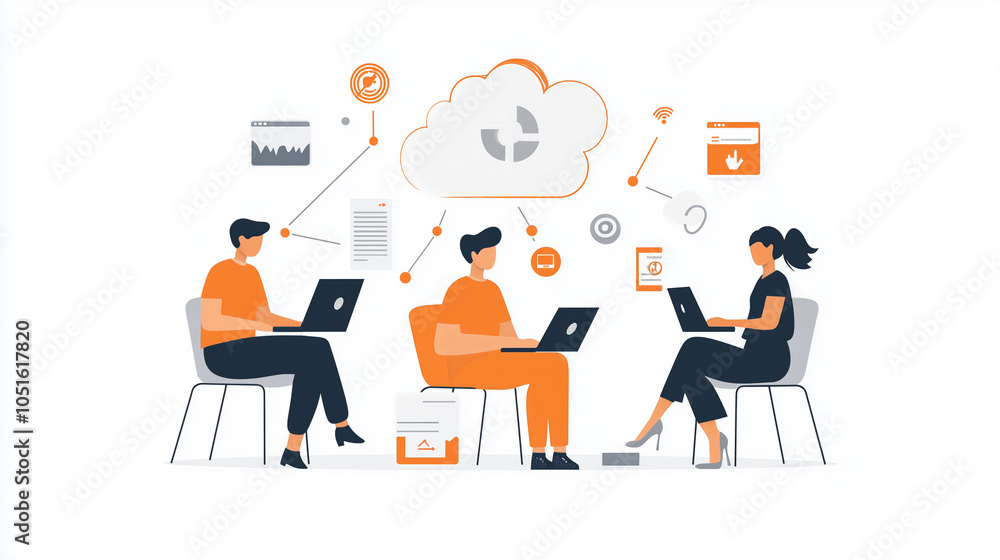 Modern illustration of professionals working in a cloud computing environment. Ideal for themes like teamwork, remote work, digital transformation, and data sharing in tech and business settings. Modern illustration of professionals working in a cloud computing environment. Ideal for themes like teamwork, remote work, digital transformation, and data sharing in tech and business settings.