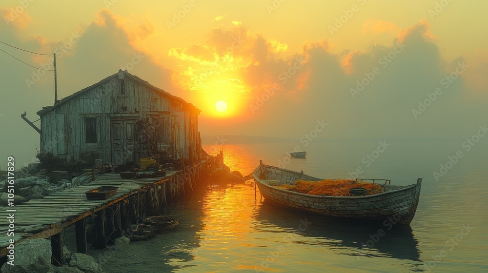 Obraz premium A Rustic Wooden Shack on the Shoreline at Sunrise