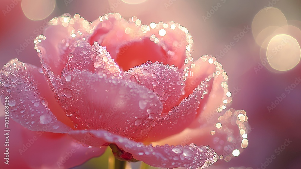 A close-up of a pink flower with water droplets, showcasing its beauty and delicacy. A close-up of a pink flower with water droplets, showcasing its beauty and delicacy.