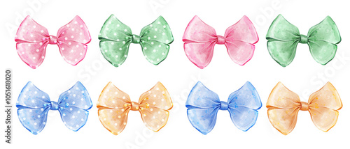 Bows. Vintage vector watercolor illustrations of green, pink, yellow, blue ribbons tied bow