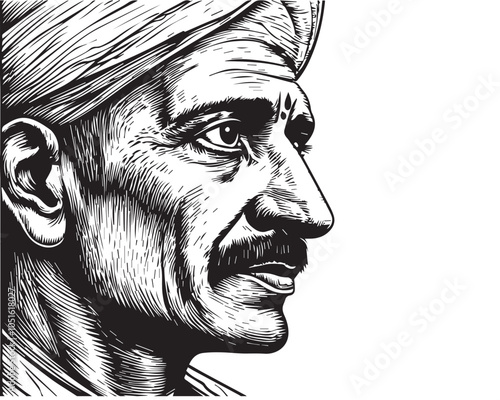 Hand-Drawn Woodcut Illustration of an Indian Farmer in Traditional Attire