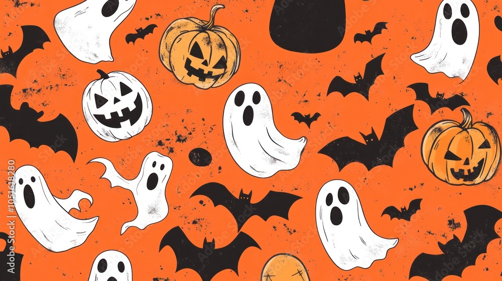 A seamless pattern featuring jack-o-lanterns, bats, and ghosts on an orange background. A seamless pattern featuring jack-o-lanterns, bats, and ghosts on an orange background.