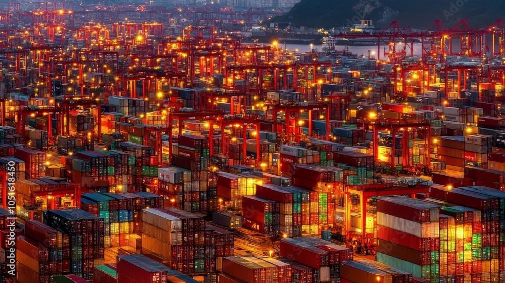 Obraz premium Vibrant Container Port at Night with Illuminated Crates