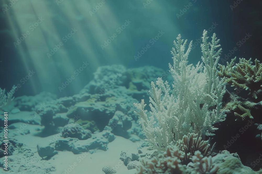Obraz premium Underwater scene of a coral reef illuminated by sunbeams, ideal for ocean-related or educational content