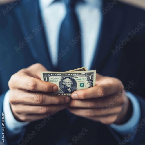 A person in a suit holding a dollar bill, symbolizing finance or transactions.